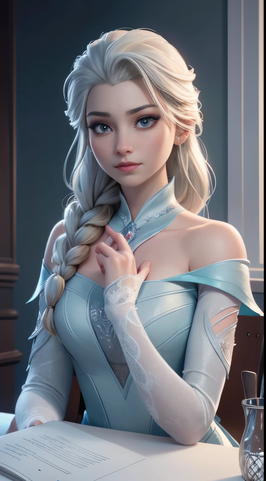Highly detailed CG unity 8k wallpaper, style shot, complex, high detail, dramatic, highest quality movie still image, very detailed, masterpiece, best quality, character design, Elsa, Elsa from Frozen, (( Dark style)), realistic ultra-detailed rendering style, natural light, sharp character design, (hard focus, 8k), (((natural skin texture))), 8k textures, soft cinematic lighting, adobe lightroom, dark room, hdr, Sophisticated, Elegant, Rich Detail, Sharp Focuilm Look) )), Soothing Tones, Detail Frenzy, Intricate Detail, Super Detail, Low Contrast, Soft Film Lighting, Dull Colors, Exposure Blending, HDR, Fade, 35mm, f/1.4, ISO64, f16, 25 sec.