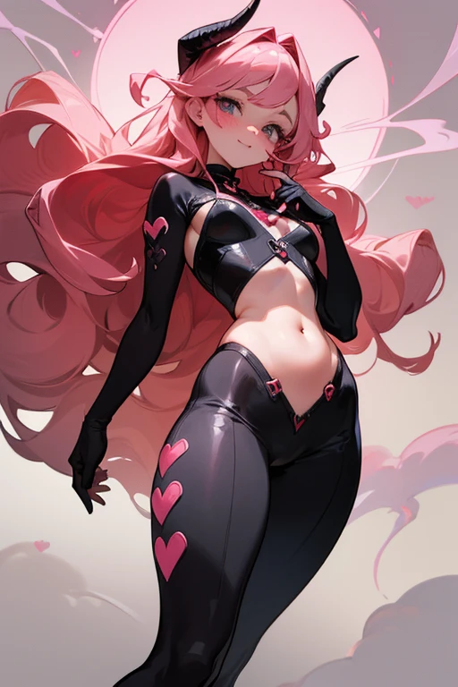 (Masterpiece: 1.5, best quality, high resolution: 1.3, super resolution, super detailed, ultra detailed: 1.3, rich background: 1.2, 1 woman)) pale skin + pink hair + long wavy hair + gray eyes + long eyelashes + long bangs + heart locks + reddish freckles on cheeks + feminine body + large chest + medium hips + blush on cheeks (intricate wetsuit, detailed high boots, harness, hip bag, long gloves, exposed skin of shoulders and belly, thick necklace, small round horns near the forehead red, long and thin collars, black round sunglasses) ((smile, extending her hand, pink smoke behind her, hearts, villain of hearts, attractive appearance) (colors for clothing: white, black, cream, red)