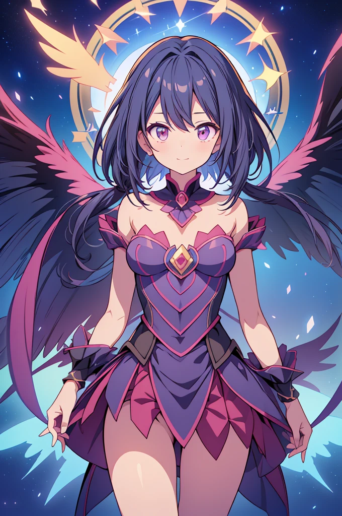 girl dark magician girl, Casual clothing, wings, starry sky, glowworm, Colored, light smile, Arm stretch, Look at viewer, Detailed face, Full body shot, Silhouette, 8k, Super detail, flashing, bloom, textured skin , cure, Best quality, high quality, High Resolutions, High details, intricate, absurd, Anatomically correct, Masterpiece.
