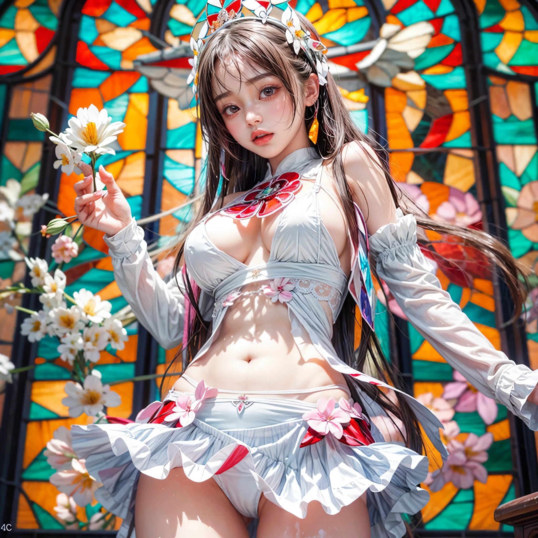 White and Red, (Dazzlingly colorful Light shines:1.2), Masterpiece, (physically-based rendering with ultra-detailed, (realistic and (photorealistic:1.37) with touch of rawness), Acutance:0.8) . A group of KAWAII girls in (school uniform) with opened Overflowing Gigantic Cleavage without bra . (((extremely detailed KAWAII face variations)) with joyful expressions), { Navel | pretty Ass | (Overflowing underboob) | White panties with (blood seeping only in crotch area) | (full of Flowers covering girl's body) | ((Dazzling colorful stained glass with stunning elaborate details:1.2)) | A Dazzling Halo (Floating) } . (Exposed:0.95), ((nipple:-0.9)), (not Detailed fingers:-0.9) .