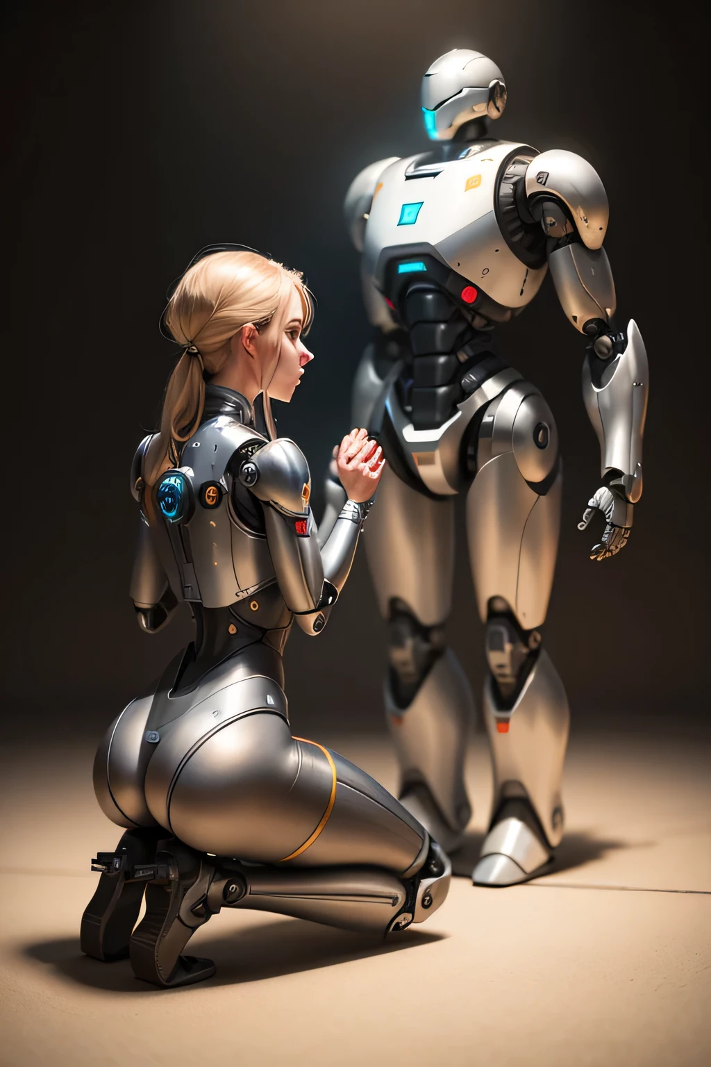 Female robot kneeling to its master kneel before a middle-aged man Machine body Rear view