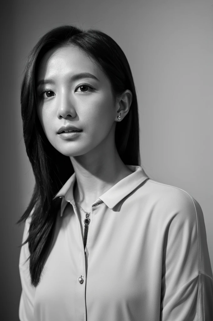 masterpiece, Best Quality, Photorealsitic, Ultra-detailed, finely detail, high resolution, 8k wallpaper, Professional, high level of detail, ((Monochrome photography)), 1girl in, ((Facing the front)), ((Vermilion lips)), Detailed clavicle, face perfect, straight haired