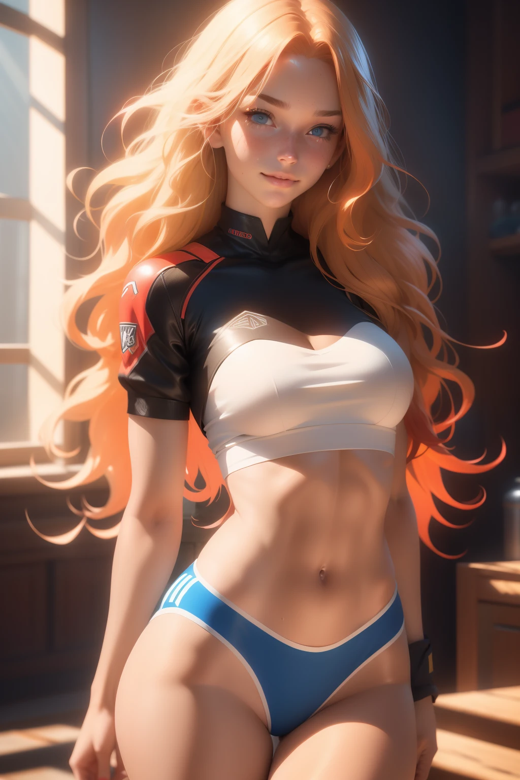 (1girl, 18 year olds),medium breasts, breasts,white female, red hair, blue eyes tan, dewy skin, sweaty skin, wavy blonde hair, beauty, ultra-realistic, ultra lifelike, 4k, unreal engine, slight smile, perfect face, full body shot, slim thighs