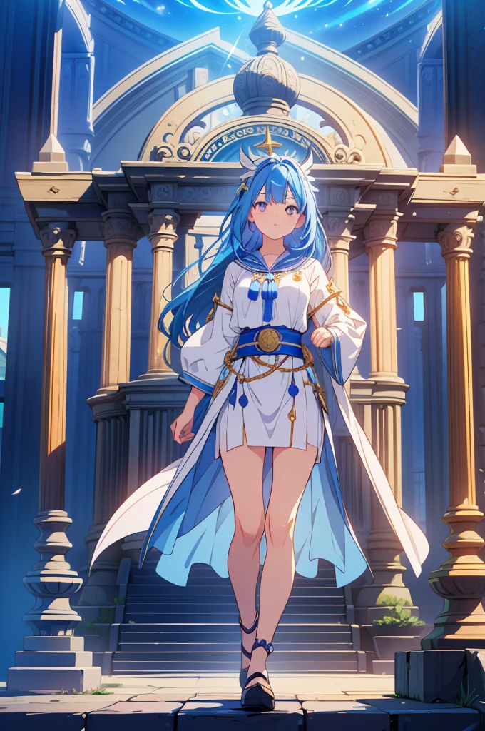 masterpiece, top quality, high resolution, perfect human structure, background focus, front view, shiny hair, blue hair, bangs pinned back, priestess outfit, magic spell power, shrine, full body, ultra hd