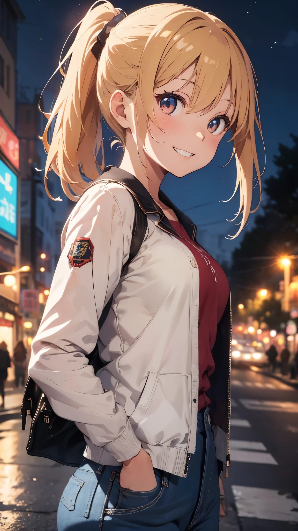 Beautiful woman、beautiful boy、small breasts、blonde ponytail、red eye:1.2、profile、Professional uniforms:1.3、18-year-old:1.1、Detailed Red Riders Jacket:1.2、wear a large jacket、Blue collar shirt、skinny denim pants:1.2、Leather Boots、Fine and beautiful skin、cute:1.2、Drooping eyes:1.2、straight teeth、smile、Ahoge、upper body close-up、solo focus:1.2、cinematic light、(nostalgic night view:1.4)、Street corner at night