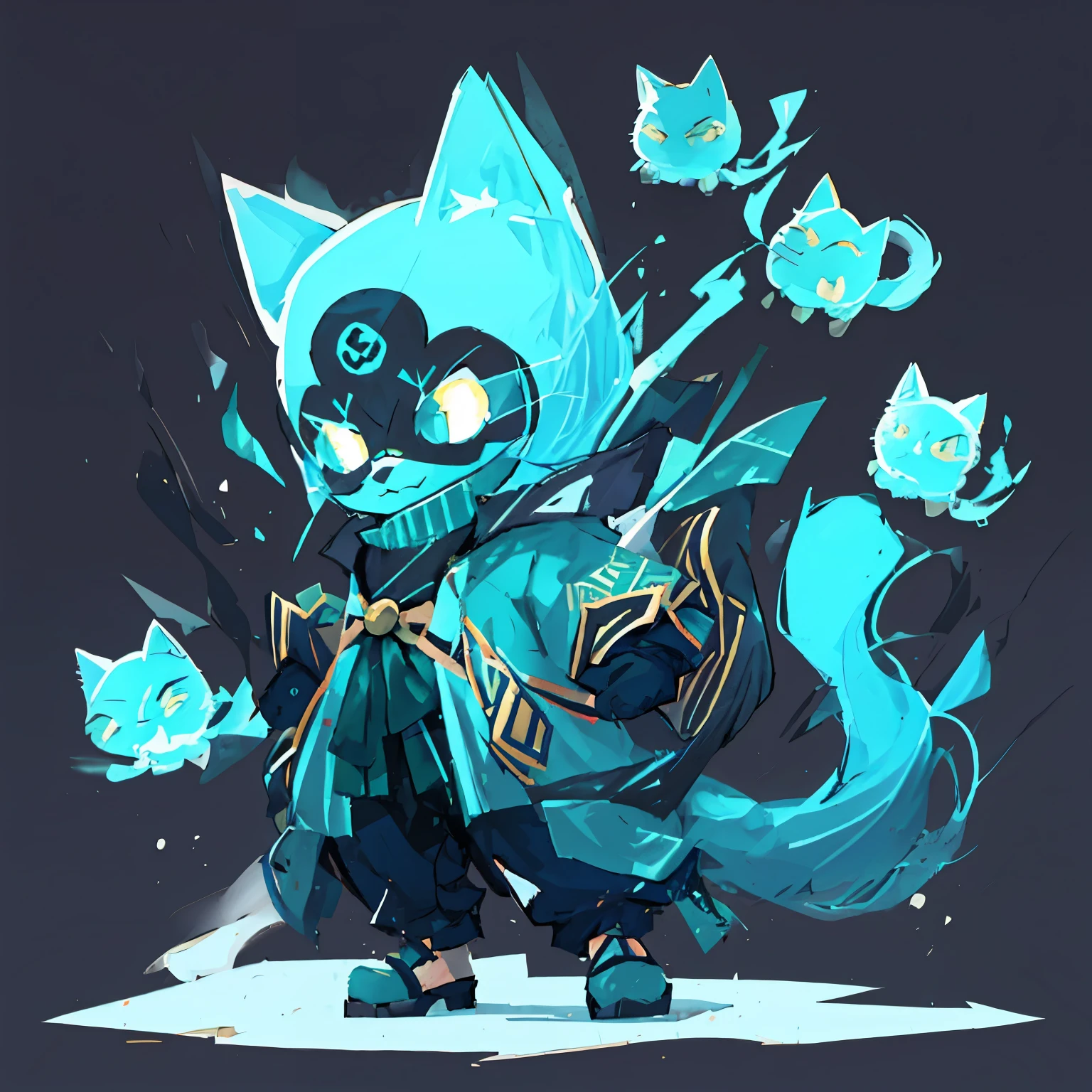 um close de um gato de desenho animado com um bando de gatos, anthropomorphic ninja cat, estilo de arte arcano, pintado no estilo arcano, great Design de personagem, very stylized Design de personagem, interesting Design de personagem, Design de personagem art, [ Design de personagem ], estilo de duelista, gato antropo, mago raposa negra, Design de personagem contest winner