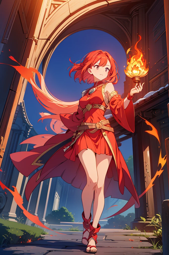 masterpiece, top quality, high resolution, perfect human structure, background focus, front view, bright hair, red hair, sorceress outfit, fire spell power, shrine, full body, ultra hd