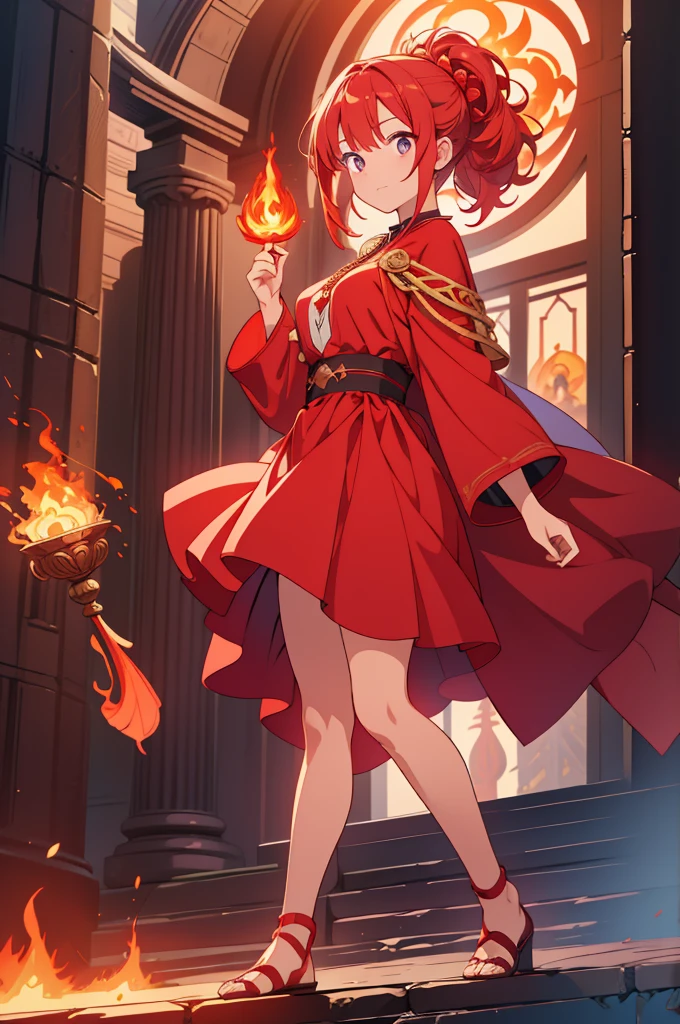 masterpiece, top quality, high resolution, perfect human structure, background focus, front view, bright hair, red hair, sorceress outfit, fire spell power, shrine, full body, ultra hd