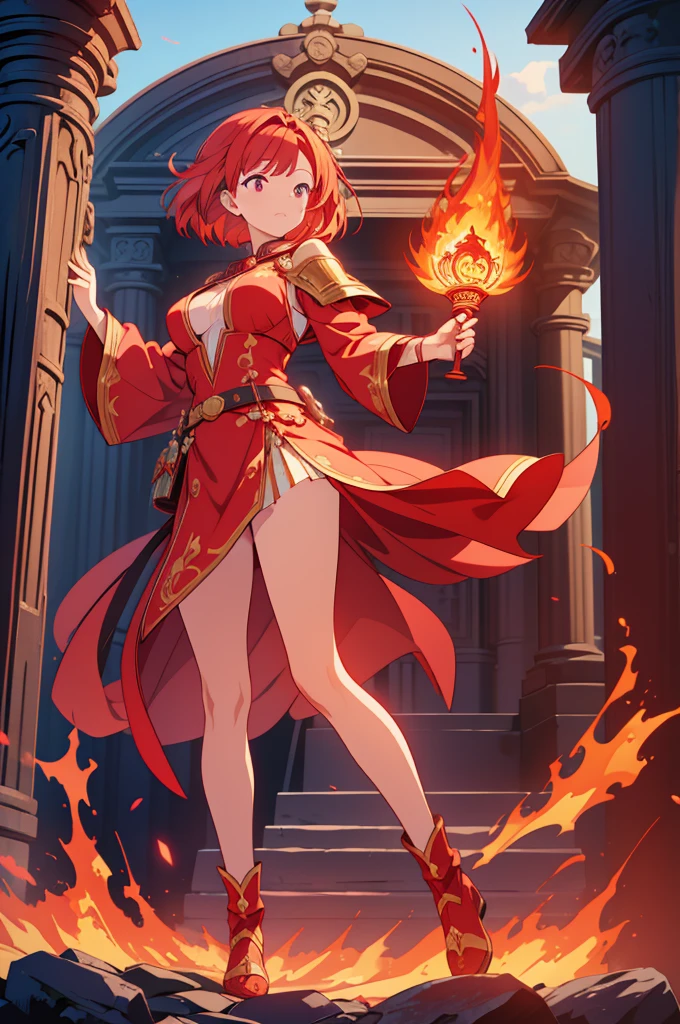 masterpiece, top quality, high resolution, perfect human structure, background focus, front view, bright hair, red hair, sorceress outfit, fire spell power, shrine, full body, ultra hd