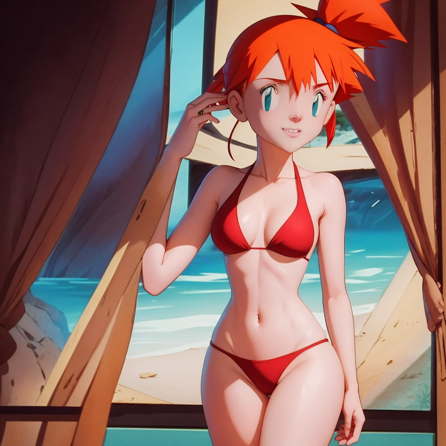 (masterpiece), best quality, expressive eyes, perfect face, Mistry from Pokemon in sexy bikini 30 year old women seductive body medium breasts medium thigs facing towards screen long hairs scar on chest parted lips Lockhart feminine figure body in bikini, red beautiful expressive eyes , scar on chest, 4k backlighting smirky face full showing sexy legs .