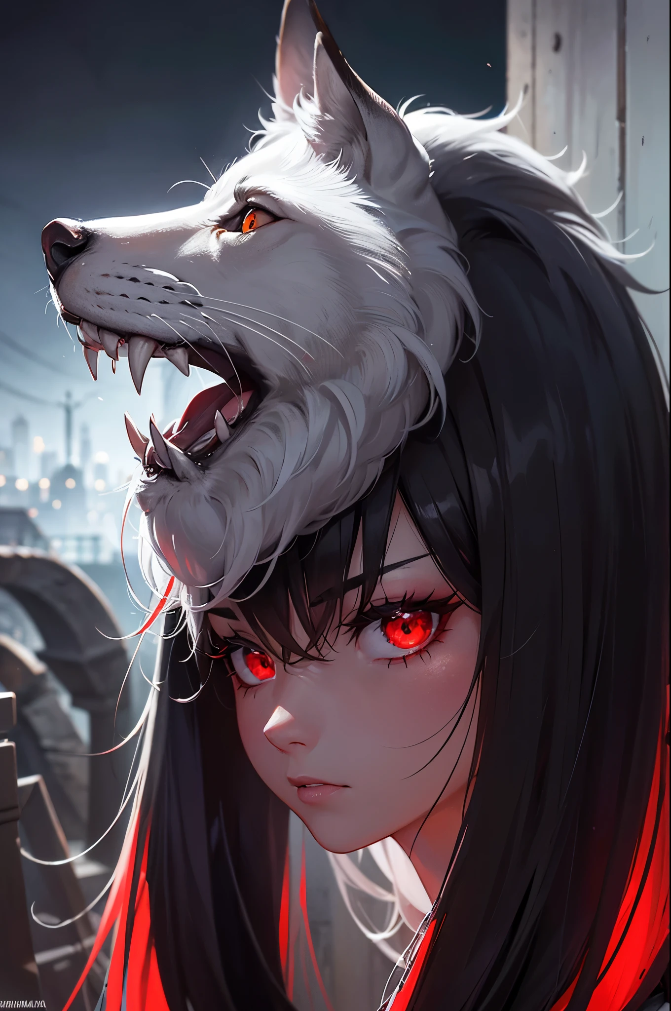 Imagen extremadamemte detallada,obra maestra,la mejor calidad,relismo extremo con mucho detalle,lobo de 6 cabesas surgiendo de la oscuridad,en una ciudad de los 60 estremadamemte siniestra,lobos con pelaje grueso y negro,ojos rojos y penetrantes que brillan en la oscuridad,dark and guttural growl,postura de ataque,perfil derecho,