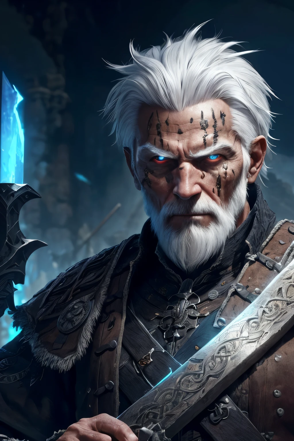 (extremely detailed 8k wallpaper), a medium photo of an old man warrior with white hair from the necromancer Gerrary, intricate, with many details, dramatic