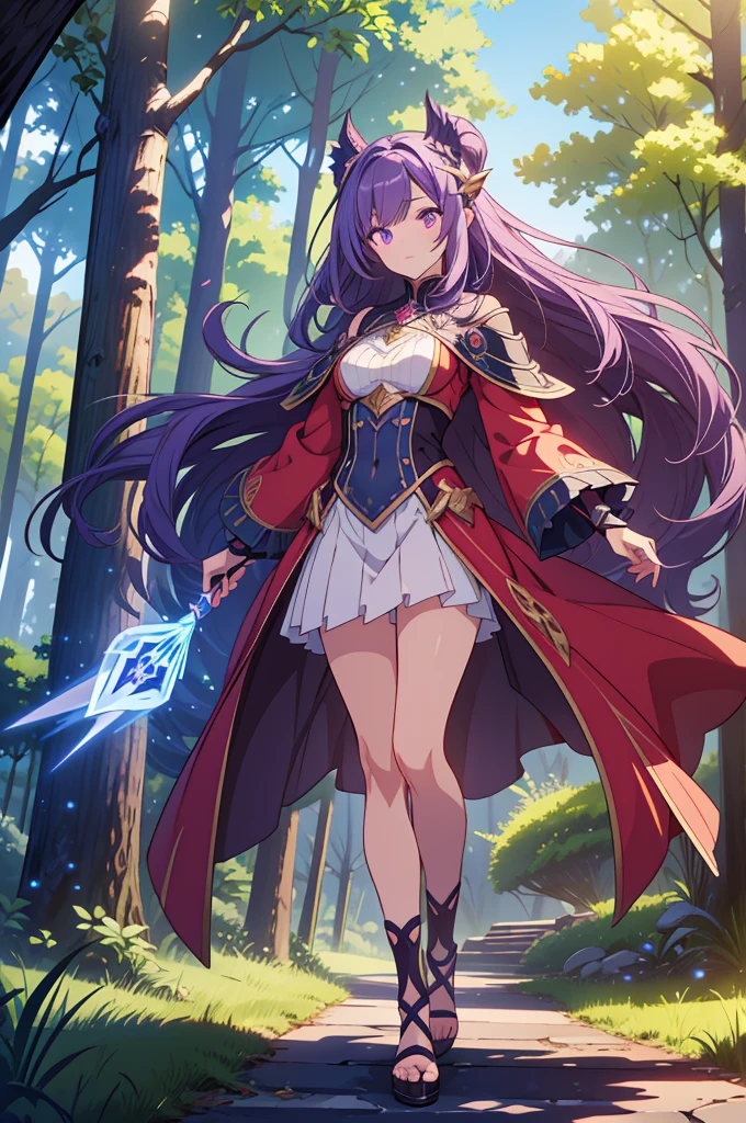 masterpiece, top quality, high resolution, perfect human structure, background focus, front view, glowing hair, violet hair, sorceress outfit, luminous ray spell power, forest, full body, ultra hd