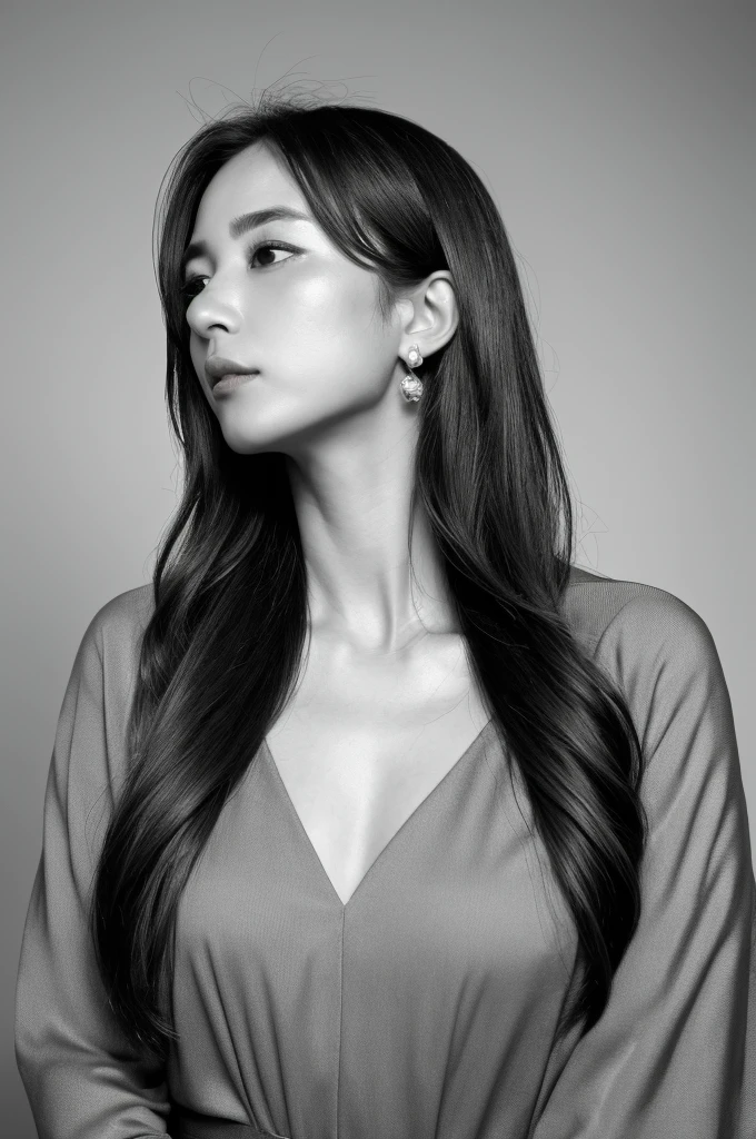 masterpiece, Best Quality, Photorealsitic, Ultra-detailed, finely detail, high resolution, 8k wallpaper, Professional, high level of detail, ((Monochrome photography)), 1girl in, ((Facing the front)), ((Vermilion lips)), Detailed clavicle, face perfect, straight haired