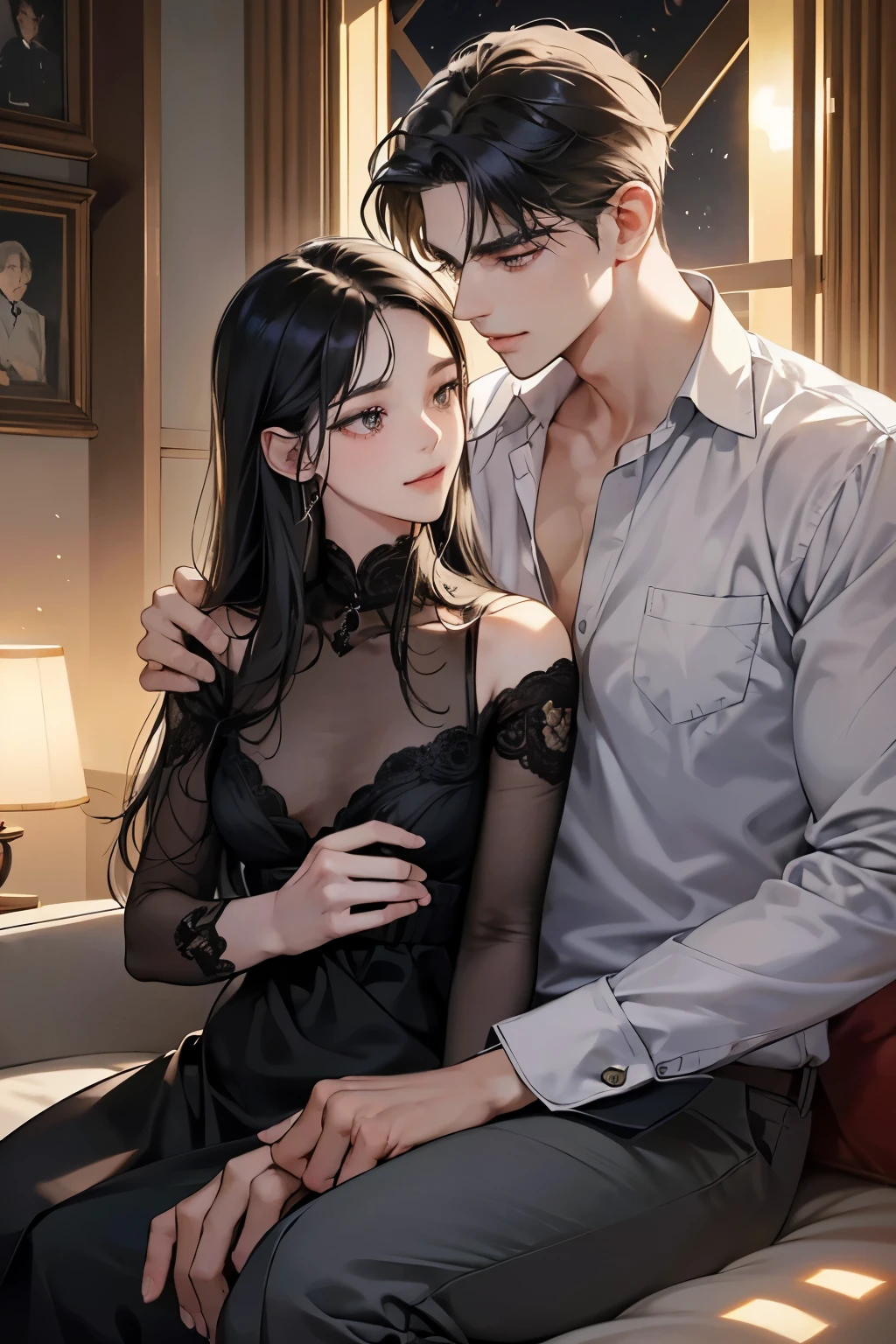 (muste piece, 4K, 8K,beautiful images, Sharp Image, photorealistic,perfect face, perfect lines, Perfect eyes, soft lighting) ,1 woman, (black hair、long straight hair,Bullish gaze,beautiful woman,elegance,Solid makeup,One piece figure、mature women,small breasts:1.3),スーツ姿のハンサムなmale性2人, (male,male性はスーツ姿,muscular,Firm shoulder width, maleの,boyish hairstyle,English gentlemanly style,クールな表情の成熟male性,明るい笑顔の成熟male性:1.2),smile showing white teeth(embarrassing,shy smile:1.1),(Nervous,embarrassed,sleepy,embarrassing:1.1),Antique sofa、Open your thin mouth,innocent smile,On a date,kiss、couple、couplekiss、Romance、At work、Antique furniture、sitting on the sofa、Couch sofa、lie on the bed、hug