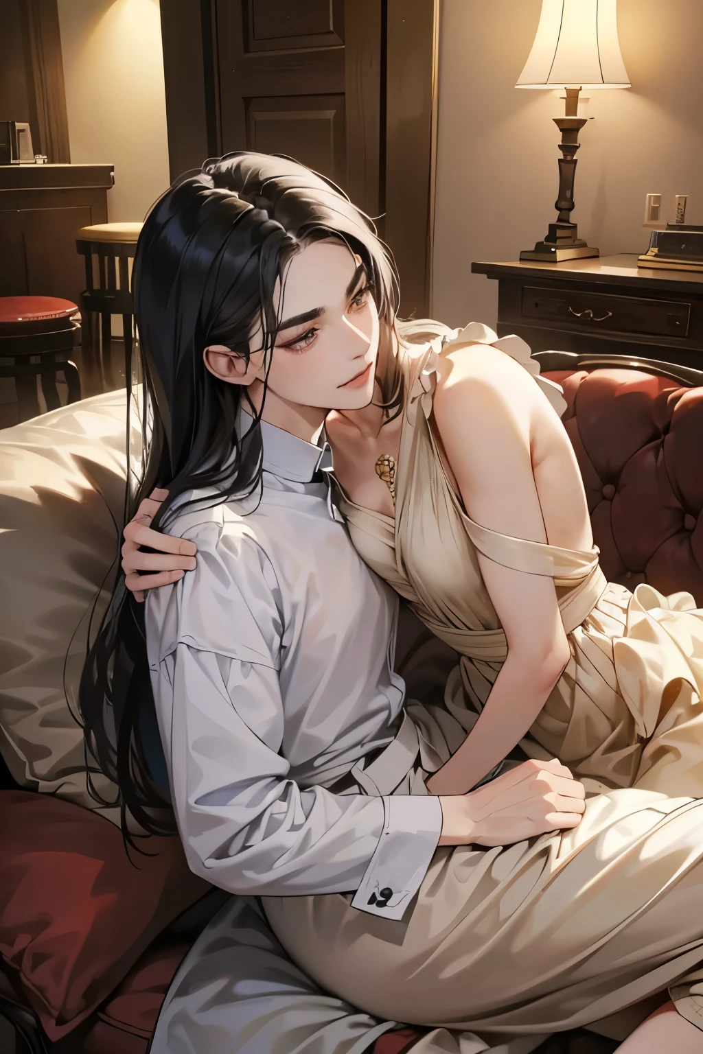 (muste piece, 4K, 8K,beautiful images, Sharp Image, photorealistic,perfect face, perfect lines, Perfect eyes, soft lighting) ,1 woman, (black hair、long straight hair,Bullish gaze,beautiful woman,elegance,Solid makeup,One piece figure、mature women,small breasts:1.3),スーツ姿のハンサムなmale性2人, (male,male性はスーツ姿,muscular,Firm shoulder width, maleの,boyish hairstyle,English gentlemanly style,クールな表情の成熟male性,明るい笑顔の成熟male性:1.2),smile showing white teeth(embarrassing,shy smile:1.1),(Nervous,embarrassed,sleepy,embarrassing:1.1),Antique sofa、Open your thin mouth,innocent smile,On a date,kiss、couple、couplekiss、Romance、At work、Antique furniture、sitting on the sofa、Couch sofa、lie on the bed、hug