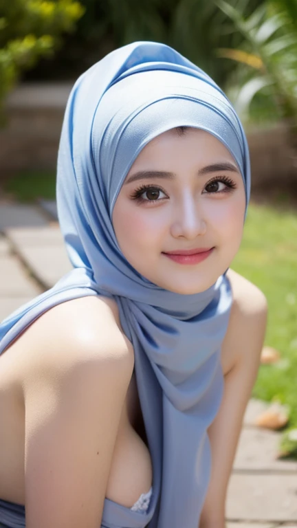Masterpiece, realistic, best quality, best lighting, 1 pretty girl with angelic face, full body photo solo, beautifully makeup, eyeshadow, Parted Lips, Detailed Eyes, beautiful big eyes, long eye lashes, smile, wearing ((light blue satin headscarf)), loosely tide hijab style, full naked, very big breast, standing in the yard