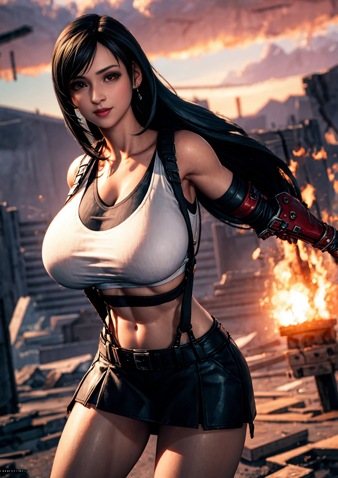 (Photorealistic: 1.4), top quality, very delicate and beautiful, high resolution, 1girl, tifa_lockhart, smile, cowboy shot, suspenders, low rise, mini skirt, tank top, tense shirt, black hair, long hair, elbow gloves, beautiful detailed red eyes, face light, movie lighting, navel, high exposure, abdomen exposure, ribs, abs, ( gigantic breasts: 1.2), dynamic poses, dynamic angles,