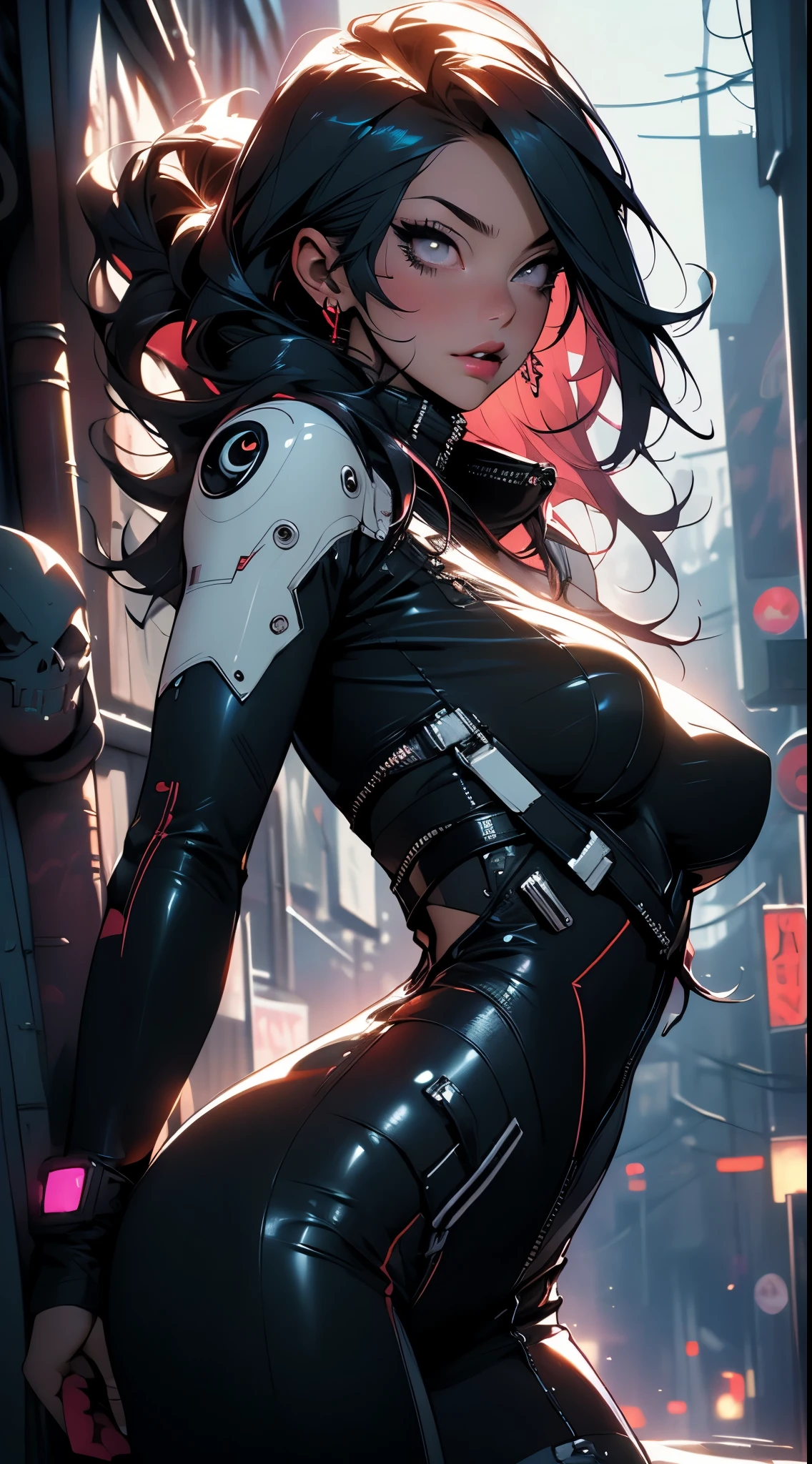 PERFECT MASTERPIECE, EXTREMELY DETAILED CG UNITY 32K UHD QUALITY RESOLUTION WALLPAPER, PHOTOREALISTIC, RAW PHOTO, PERFECT PHOTOGENIC CLARITY, OFFICIAL ART, AWARD-WINNING PORTRAIT, ULTRA HYPER-REALISTIC, ULTRA HYPER-DETAILED, SHINY REALISTIC SKIN, RAY TRACING, UNREAL ENGINE 5.8K, GLOWING AMBIENT LIGHT, The most beautiful and sexy cyberpunk girl, very long black hair, vibrant moonlight eyes, long detailed eyelashes, blushing, full pouting pink lips, curvy body type, full hips, super huge enormously gigantic tits, cleavage showing, gigantic tits bursting out, wearing a futuristic hooded Harajuku-inspired cyberpunk mecha battle armor, (arching her back in a sexy seductive slutty pose:1.3), looking at the viewer, close up pov camera view from behind, sexy seductive slutty facial expression, futuristic cosmic aesthetic atmospheric cyberpunk background