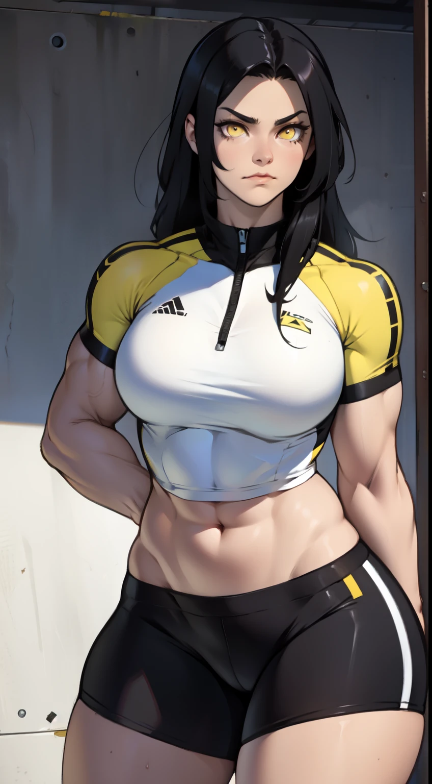 muscular girl breasts thick black hair yellow eyes pale sad