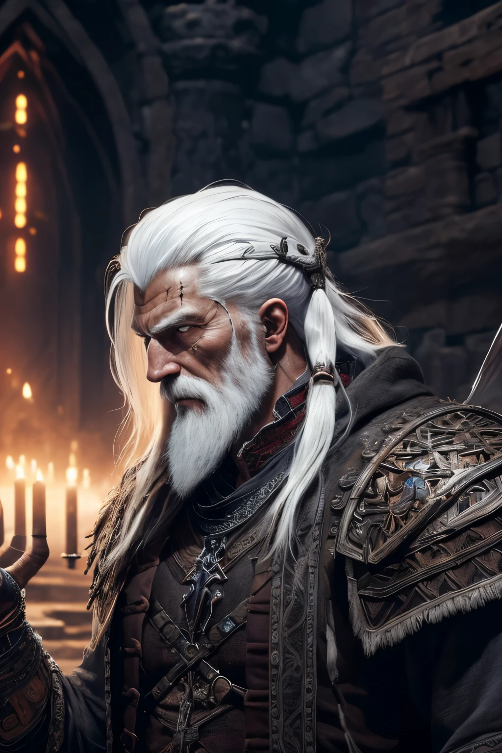 (extremely detailed 8k wallpaper), a medium photo of an old man warrior with white hair from the necromancer Gerrary, intricate, with many details, dramatic