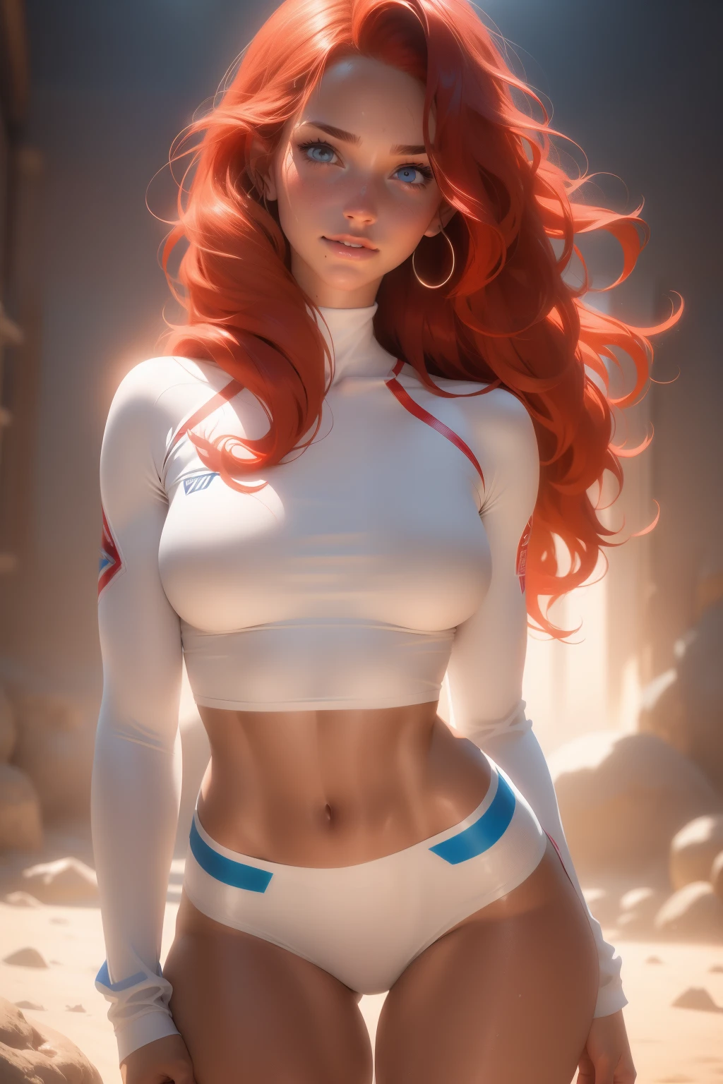 (1girl, 18 year olds),medium breasts, breasts,white female, red hair, blue eyes tan, dewy skin, sweaty skin, wavy hair, beauty, ultra-realistic, ultra lifelike, 4k, unreal engine, slight smile, perfect face, full body shot, slim thighs