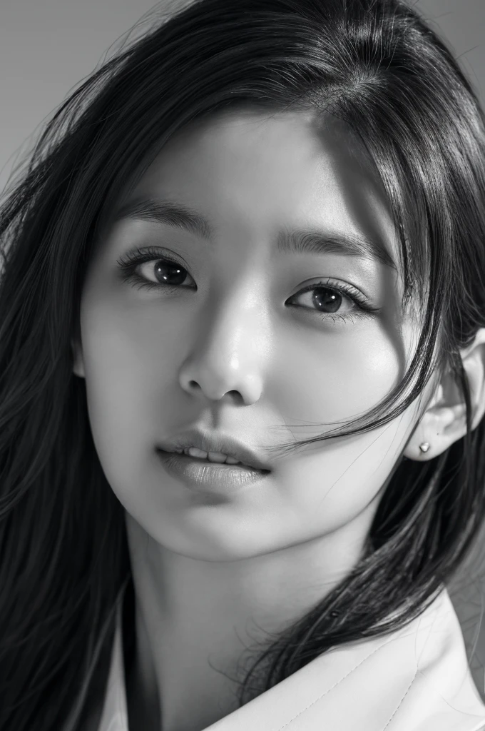 masterpiece, Best Quality, Photorealsitic, Ultra-detailed, finely detail, high resolution, 8k wallpaper, Professional, high level of detail, ((Monochrome photography)), 1girl in, ((Facing the front)), ((Vermilion lips)), Detailed clavicle, face perfect, straight haired