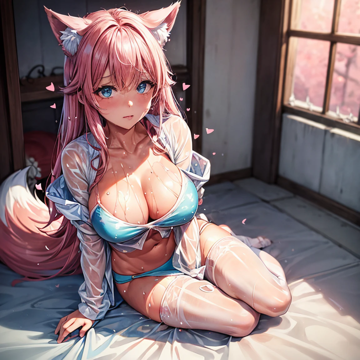 One girl anime styled。girl with。Blue eyes。 in estruig fox Tail。Looking at the camera,fox ear, pink hair, white crop top, fox tail, girl 18 old , utral light, sitting in the bedroom,hair hair, wear pantie, wear dress, salon,Wet and see-through、cute little、blushed、Chest cleavage、thighs thighs thighs thighs、No bra、witheout panties、high-level image quality、Vivid、high detailing、(( breast: 1.2)), ((blush face: 1.3)),((wet clothes:1.5)),wear white legwear,pink bikini,,((peeing:1.5)),((blushing face:1.4), (heart-shaped pupil:1.4), (sweaty:1.5), open months, ((full body))