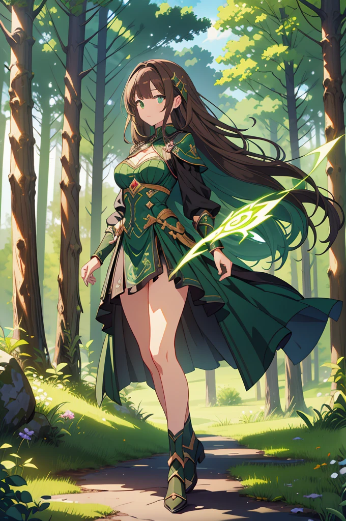 masterpiece, top quality, high resolution, perfect human structure, background focus, front view, shiny hair, brown hair, black with green sorceress outfit, fluor green spell power, earth powers, forest, full body, ultra hd