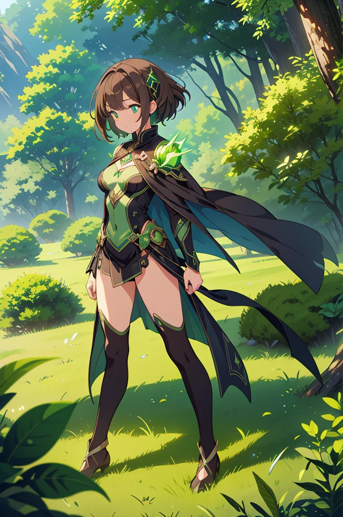 masterpiece, top quality, high resolution, perfect human structure, background focus, front view, shiny hair, brown hair, black with green sorceress outfit, fluor green spell power, earth powers, forest, full body, ultra hd