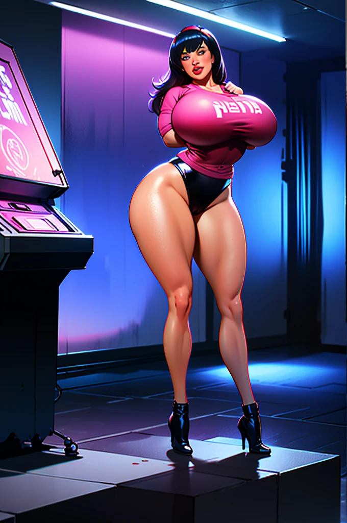 Upper body portrait, Living Inflatable sex doll, Floating, (tomie, hairband, blunt bangs, (mole under eye:0.7) extra long and thick luxurious hair with cerise highlights), freckled skin, huge breasts, (wearing massive blue and yellow college bomber jacket with tight anime logo t-shirt and mauve plaid miniskirt), (knee high socks), smiling and seductive, (blowing a gigantic bubblegum bubble from the front her lips), (indoor neon lit arcade with arcade cabinets), ((bodybuilder)), giving seductive look to viewer, several air hoses connected to her thighs and arms and back from air canister in room