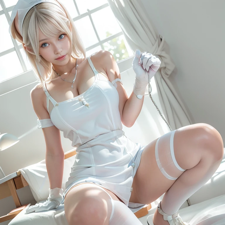 1girl, (solo:1.2), (cowboy shot:1.2), (Beautiful and detailed eyes description), (Beautiful and detailed face), Perfect female body, neat figure, slender waist, (young girl), (20 years old), long hair, platinum blonde hair, very big eyes, blue eyes, medium breasts, blush, shy, watery lips, nurse, (transparent nurse dress), nurse cap, unbuttoned, (white gloves:1.2), (white pantyhose), high heels, necklace, earrings, indoors, school nurse, hospital bed, window, white curtains, sunlight, squatting, (best quality), (ultra detailed), (masterpiece), (highres), (original), (extremely detailed CG unity 8K wallpaper), character design, game cg, detailed manga illustration,(NSFW 1.1)