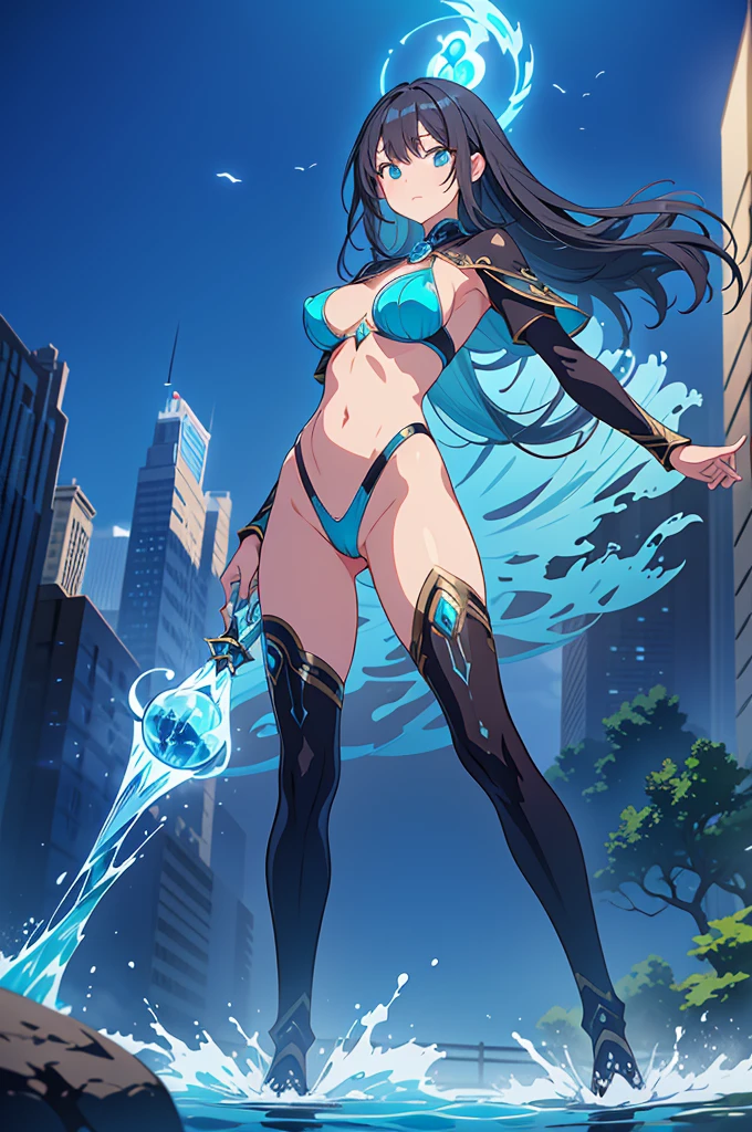 masterpiece, top quality, high resolution, perfect human structure, background focus, front view, shiny hair, black hair, turquoise sorceress outfit, water spell power, shiny water powers, city, full body, ultra hd