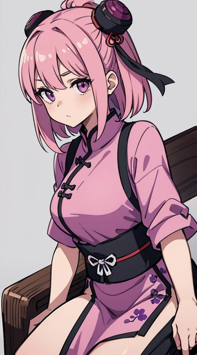 a girl, pink hair ,purple eyes, Chinese traditional ink painting