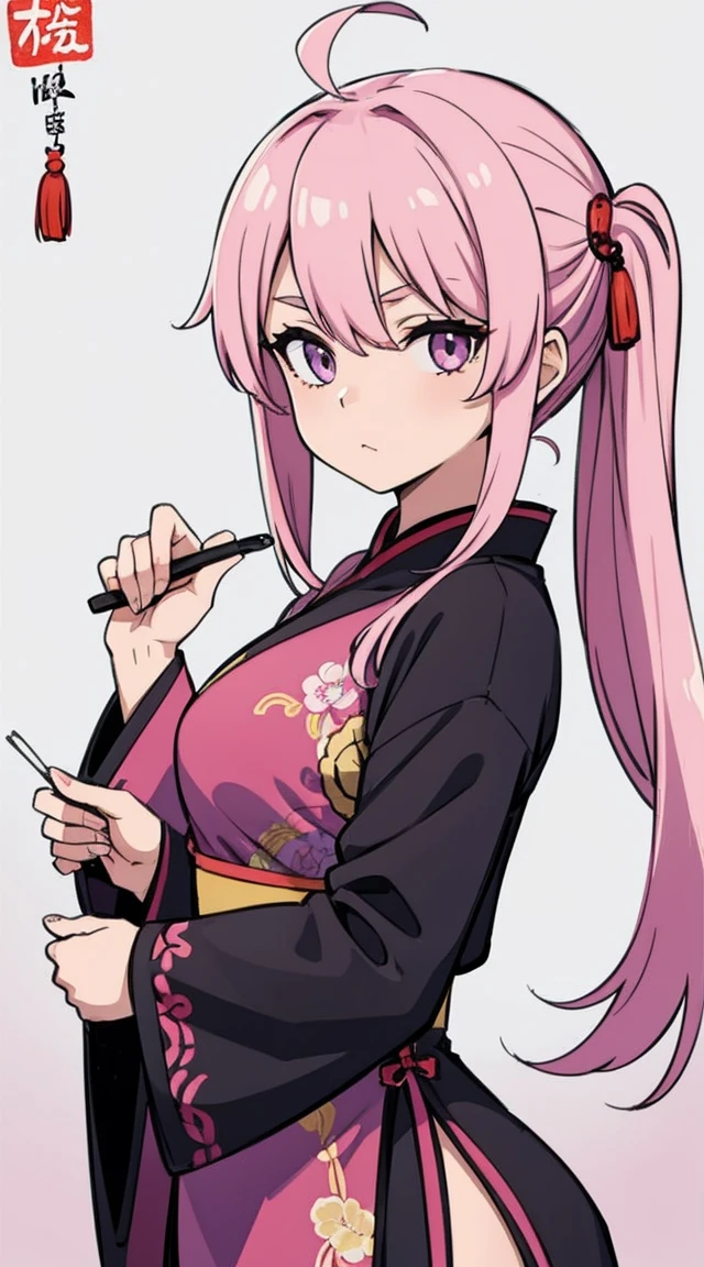 a girl, pink hair ,purple eyes, Chinese traditional ink painting