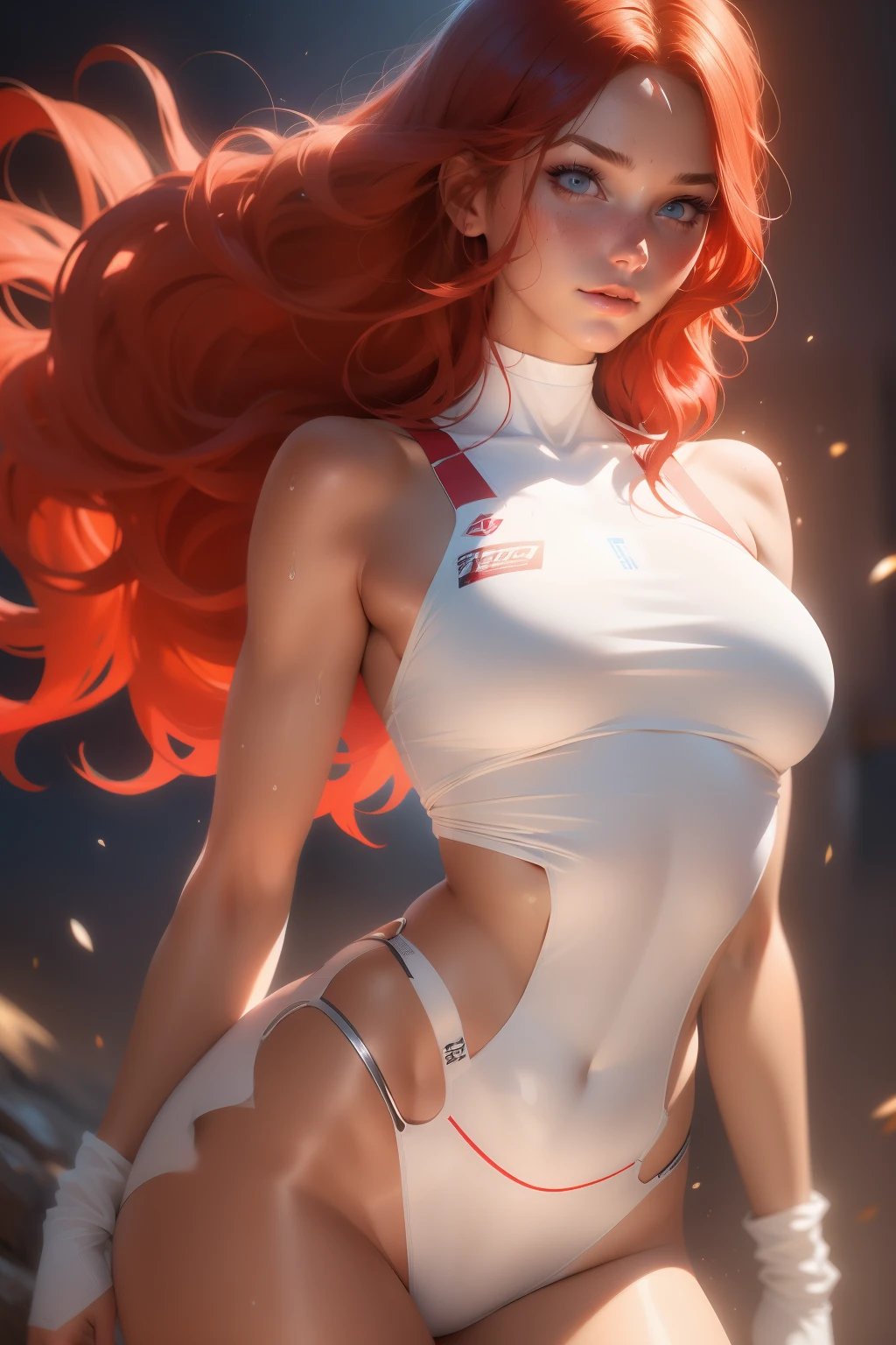 (1girl, 18 year olds),medium breasts, breasts,white female, red hair, blue eyes tan, dewy skin, sweaty skin, wavy hair, beauty, ultra-realistic, ultra lifelike, 4k, unreal engine, slight smile, perfect face, full body shot, slim thighs