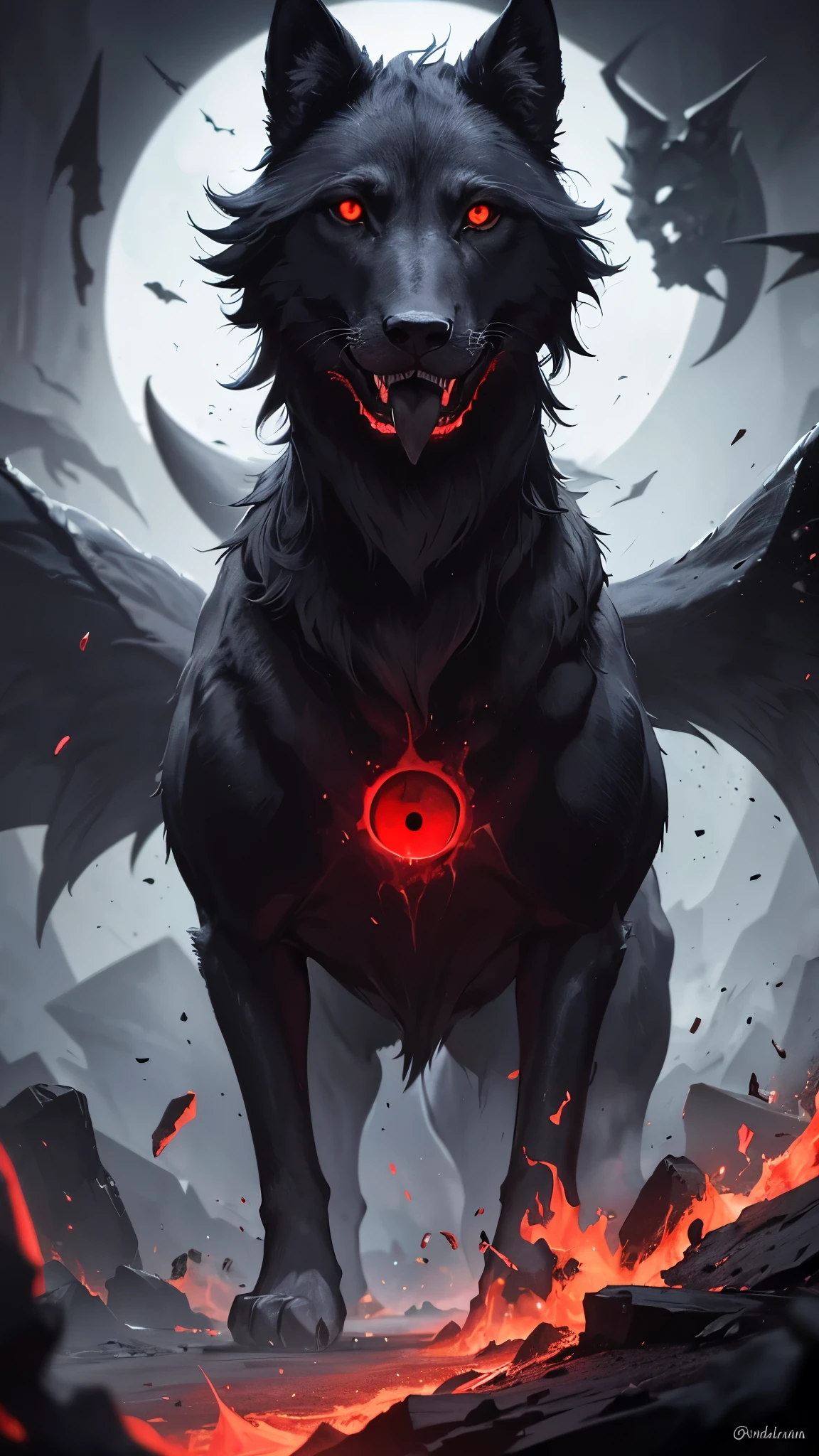 Imagen extremadamemte detallada,obra maestra,la mejor calidad,relismo extremo con mucho detalle,lobo de 6 cabezas,surgiendo de la oscuridad,en una ciudad de los 60 estremadamemte siniestra,lobos con pelaje grueso y negro,ojos rojos y penetrantes que brillan en la oscuridad,dark and guttural growl,postura de ataque,perfil derecho,