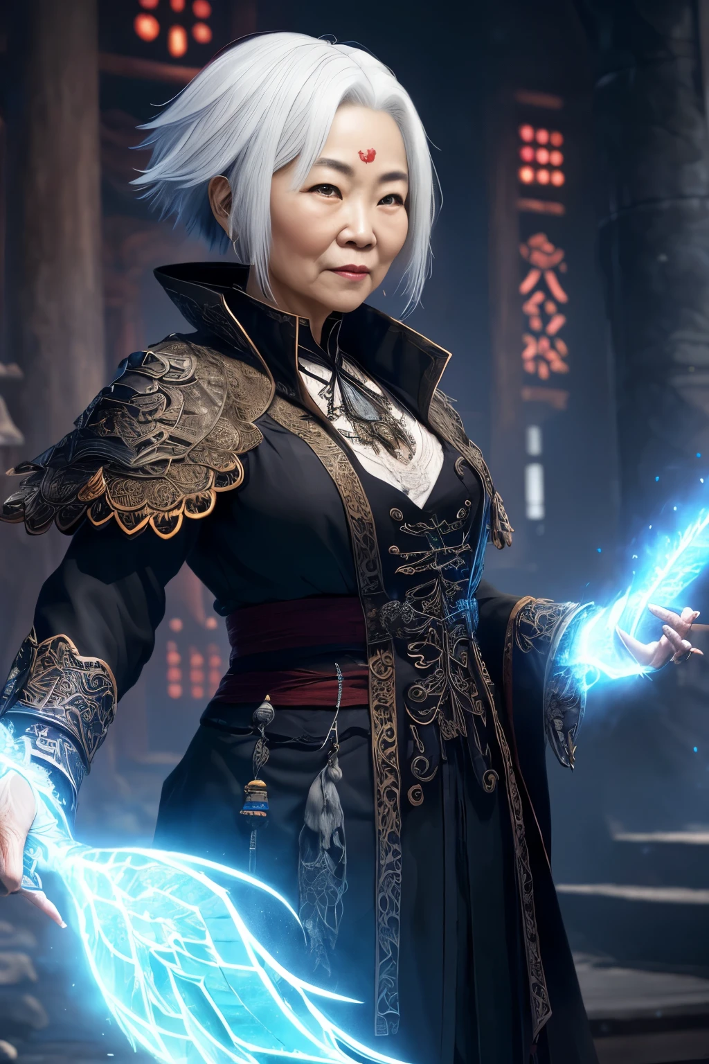 (extremely detailed 8k wallpaper), a medium photo of an old Asian woman with white hair from the necromancer Gerrary, intricate, with many details, dramatic