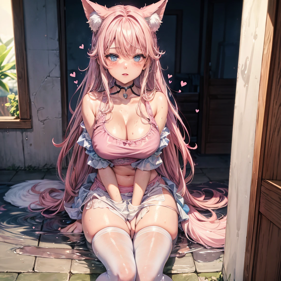 One girl anime styled。girl with。Blue eyes。 in estruig fox Tail。Looking at the camera,fox ear, pink hair, white crop top, fox tail, girl 18 old , utral light, sitting in the bedroom,hair hair, wear pantie, wear dress, salon,Wet and see-through、cute little、blushed、Chest cleavage、thighs thighs thighs thighs、No bra、witheout panties、high-level image quality、Vivid、high detailing、(( breast: 1.2)), ((blush face: 1.3)),((wet clothes:1.5)),wear white legwear,pink bikini,,((peeing:1.5)),((blushing face:1.4), (heart-shaped pupil:1.4), (sweaty:1.5), open months, ((full body))