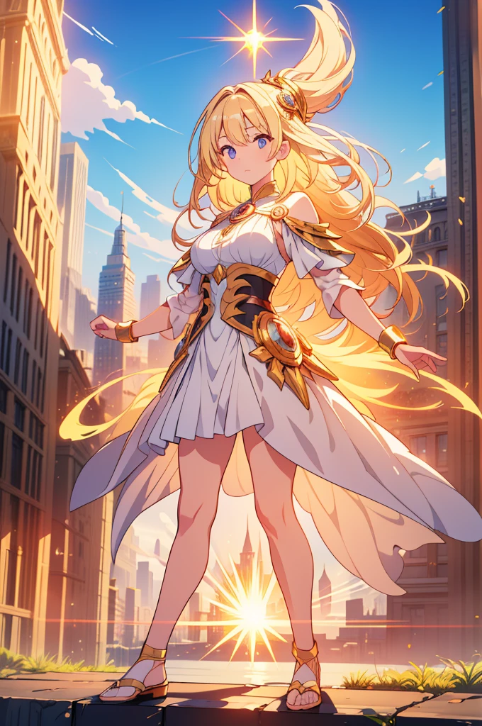 masterpiece, top quality, high resolution, perfect human structure, background focus, front view, bright hair, blonde hair, sorceress outfit, sun spell power, bright sun powers, city, full body, ultra hd