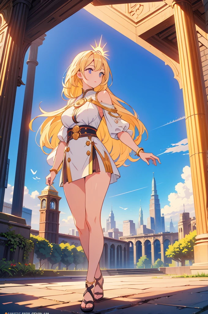 masterpiece, top quality, high resolution, perfect human structure, background focus, front view, bright hair, blonde hair, sorceress outfit, sun spell power, bright sun powers, city, full body, ultra hd