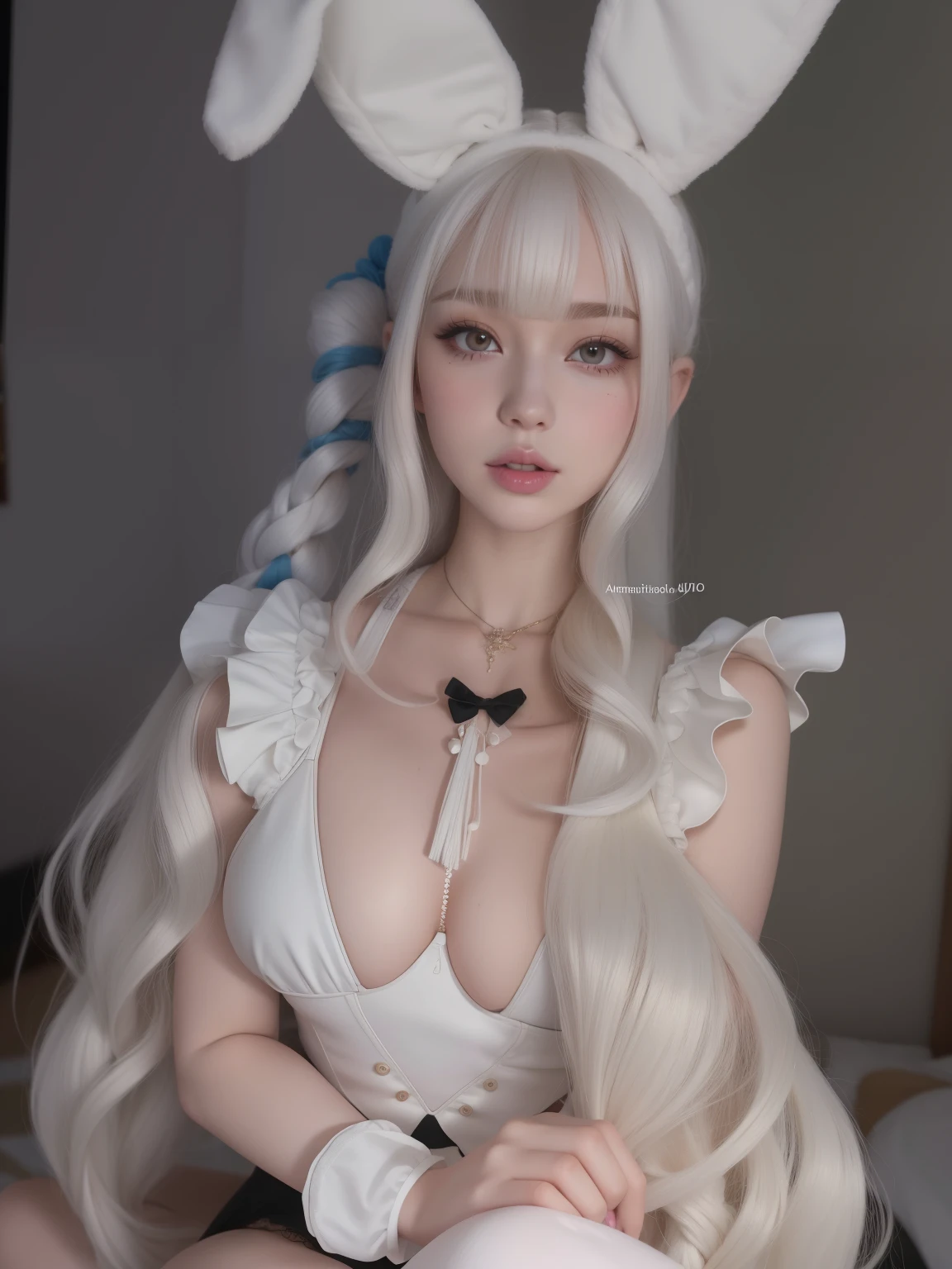a close up of a woman con pelo largo y blanco and bunny ears, dulce conejita ultrarrealista, animado girl , ahegao, pale milky white porcelain skin, piel blanca de porcelana, animado character; arte de cuerpo completo, animado , con el pelo largo y blanco, chica gato blanco, deidad de pelo blanco, cara de ahegao, , con pelo largo y blanco, animado barbie in white