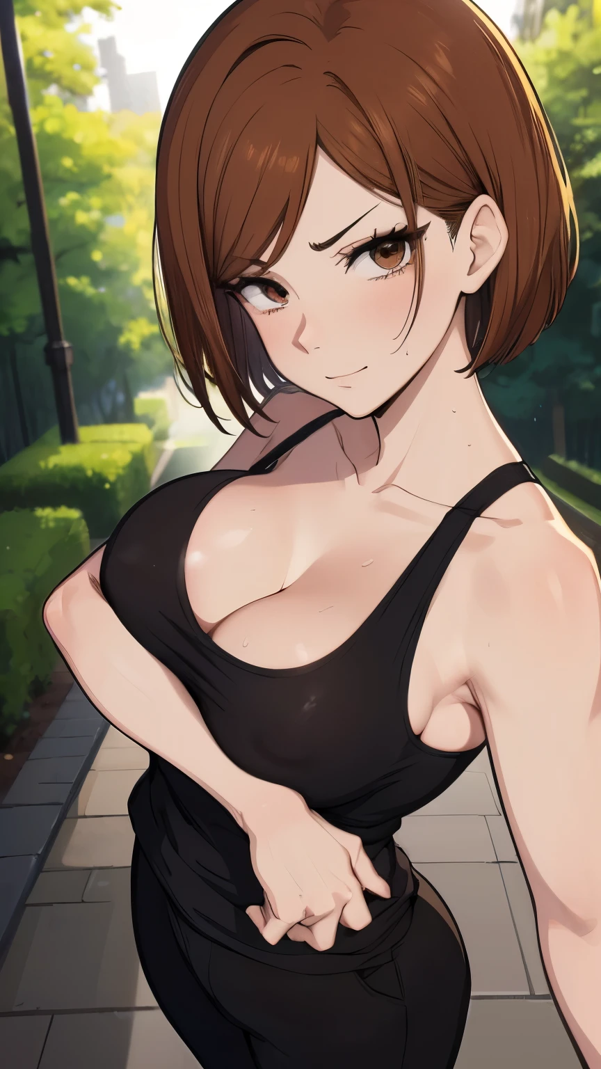 (masterpiece, best quality) mature woman, 18 years old, crisp breasts (large breast), solo, short hair, brown hair, brown eyes, Nobara Kugisaki from Jujustu Kaisen, smiling, (slim body, very thin waist), body muscular, wet body, (black tank top, black sweatpants), standing, zoom, (sweating), flushed face, red cheeks, looking at viewer, 16k, focus on face, camera on face, sharp focus, dramatic lighting , drop shadow, anime style, shine, digital illustration, anatomically correct, Pov, in the center of Image, wallpaper, HDR, Ray Traced Image, beautiful detailed face, beautiful detailed eyes, High Detail Skin, Visible Pores, sharp focus, scenery in a central park in New York, (sfw, sensual, +18, naughty face) full body, stretching