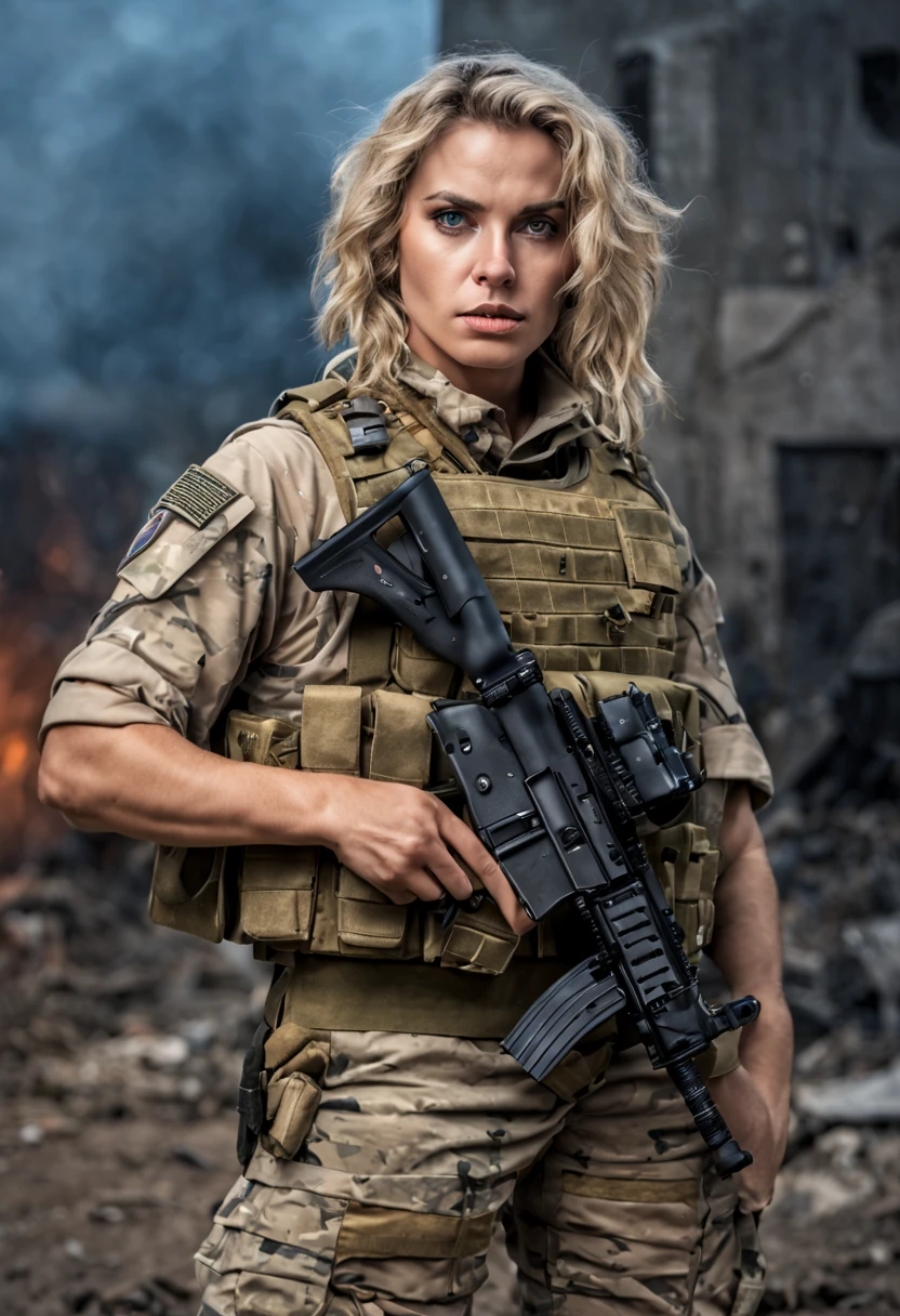 Cinematic battlefield in afghanistan, a ultra-detailed hyperrealistic photography of a beautiful 25 years old american soldier woman, (brunette hair with extra long wavy), brown eyes, american aesthetics, short hair, night, curvy, beautiful curves, army aesthetics, special forces outfit, high emphasis on detail, style Semi Impasto, matte painting, atmospheric, glowing, dramatic lighting, beautiful eyes, symmetric eyed, perfect eyes, by Magali Villeneuve, wet, moist, reflection, (masterpiece) ( Perfect proportions) (realistic photos) (highest quality) (detail) shot taken by Canon EOS R5, 50mm lens, f/2.8, HDR, (8k) (wallpaper) (movie lighting) (dramatic lighting) (sharp focus) (complex) fashion, special forces, captain, american military, armed with 2 pistols, in combat, realistic uniform, multicam, fit, chest protection, united states military, camouflaged, multicam, american patter, bulletproof vest, covered skin, bullet rpoof vest, vest, weapon, gun, m4a1, m4a1 sopmod, special forces, combat zone, team leader, captain, united states military, officer, special forces, green berets, explosions, battle damage,