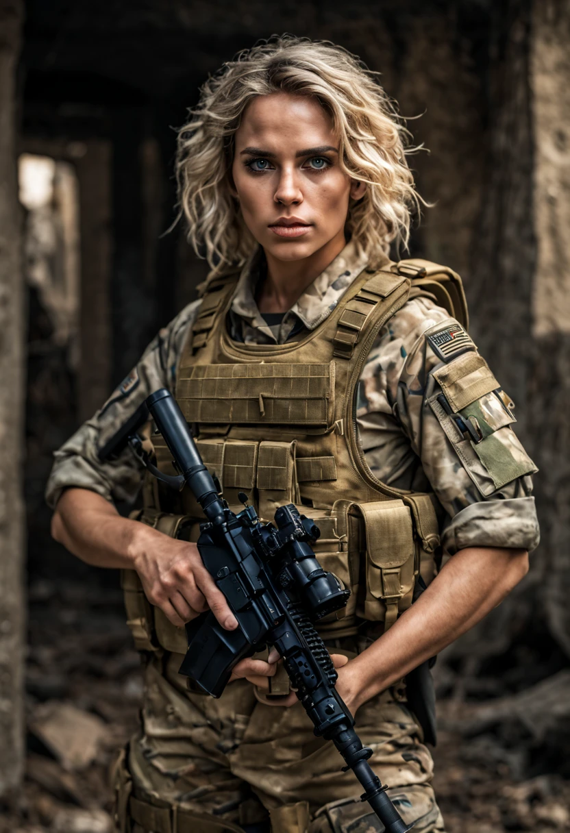 Cinematic battlefield in ruin city, a ultra-detailed hyperrealist photography of a beautiful 20 years old Israeli soldier woman, (blonde hair with extra long wavy), blue eyes, Israeli aesthetics, short hair, night, curvy, beautiful curves, army aesthetics, special forces outfit, high emphasis on detail, style Semi Impasto, matte painting, atmospheric, glowing, dramatic lighting, beautiful eyes, symmetric eyed, perfect eyes, by Magali Villeneuve, wet, moist, reflection, (masterpiece) ( Perfect proportions) (realistic photos) (highest quality) (detail) shot taken by Canon EOS R5, 50mm lens, f/2.8, HDR, (8k) (wallpaper) (movie lighting) (dramatic lighting) (sharp focus) (complex) fashion, special forces, captain, Israeli military, armed with 2 pistols, in combat, realistic uniform, multicam, fit, chest protection, united states military, camouflaged, multicam, Israeli patter,Israeli patch bulletproof vest, covered skin, bullet proof vest, weapon, gun, m4a1, m4a1 sopor, special UHD!