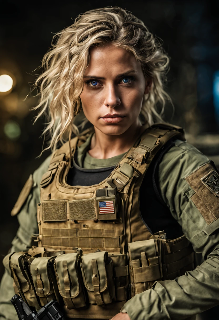 Cinematic battlefield in ruin city, a ultra-detailed hyperrealist photography of a beautiful 20 years old Israeli soldier woman, (blonde hair with extra long wavy), blue eyes, Israeli aesthetics, short hair, night, curvy, beautiful curves, army aesthetics, special forces outfit, high emphasis on detail, style Semi Impasto, matte painting, atmospheric, glowing, dramatic lighting, beautiful eyes, symmetric eyed, perfect eyes, by Magali Villeneuve, wet, moist, reflection, (masterpiece) ( Perfect proportions) (realistic photos) (highest quality) (detail) shot taken by Canon EOS R5, 50mm lens, f/2.8, HDR, (8k) (wallpaper) (movie lighting) (dramatic lighting) (sharp focus) (complex) fashion, special forces, captain, Israeli military, armed with 2 pistols, in combat, realistic uniform, multicam, fit, chest protection, united states military, camouflaged, multicam, Israeli patter,Israeli patch bulletproof vest, covered skin, bullet proof vest, weapon, gun, m4a1, m4a1 sopor, special UHD!