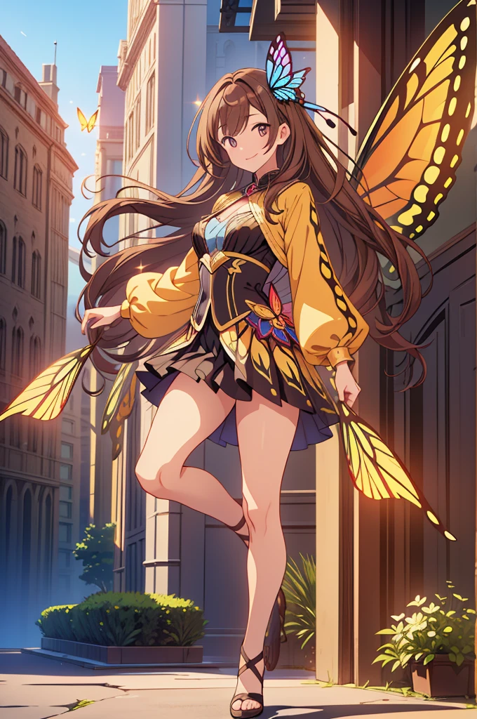 masterpiece, top quality, high resolution, perfect human structure, background focus, front view, shiny hair, brown hair, sorceress costume, butterfly spell power, shiny butterfly powers, city, full body, smile, wings butterfly, ultra hd