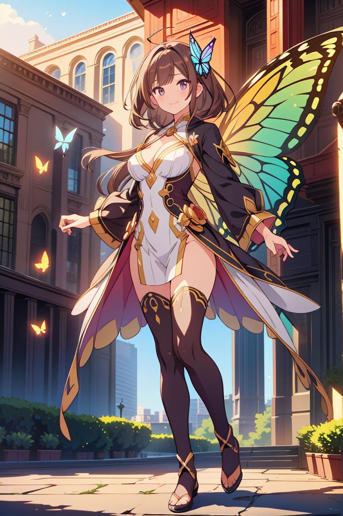 masterpiece, top quality, high resolution, perfect human structure, background focus, front view, shiny hair, brown hair, sorceress costume, butterfly spell power, shiny butterfly powers, city, full body, smile, wings butterfly, ultra hd