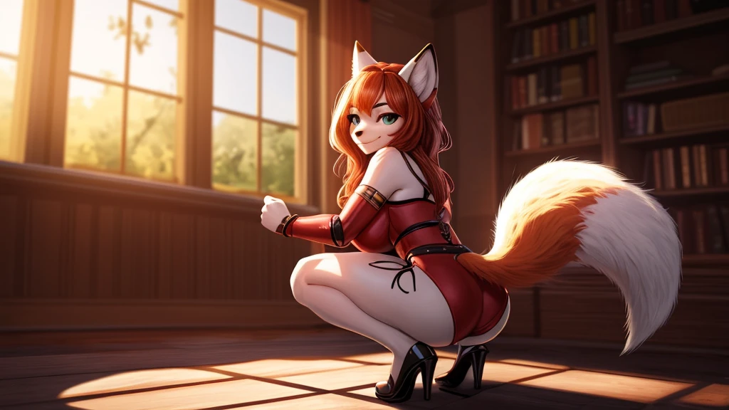 Sexy female fox, cute face, cute face, wearing sexy armor, musculated body, big breasts, squatting, high detail, backlighting, ray tracing, depth of field, close-up, bokeh, Canon, UHD, high details, anatomically correct, super detail, 8k, best quality, full body should be shown, tail should be shown in background