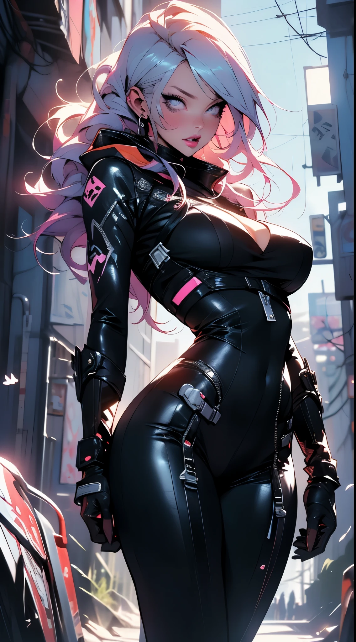 PERFECT MASTERPIECE, EXTREMELY DETAILED CG UNITY 32K UHD QUALITY RESOLUTION WALLPAPER, PHOTOREALISTIC, RAW PHOTO, PERFECT PHOTOGENIC CLARITY, OFFICIAL ART, AWARD-WINNING PORTRAIT, ULTRA HYPER-REALISTIC, ULTRA HYPER-DETAILED, SHINY REALISTIC SKIN, RAY TRACING, UNREAL ENGINE 5.8K, GLOWING AMBIENT LIGHT, The most beautiful and sexy cyberpunk girl, very long purple hair, vibrant moonlight eyes, long detailed eyelashes, blushing, full pouting pink lips, curvy body type, full hips, super huge enormously gigantic tits, cleavage showing, gigantic tits bursting out, wearing a futuristic hooded Harajuku-inspired cyberpunk mecha battle armor, (arching her back in a sexy seductive slutty pose:1.3), looking at the viewer, full body portrait, cowboy shot depth of field, sexy seductive slutty facial expression, cherry blossoms blowing in the wind, futuristic cosmic aesthetic atmospheric cyberpunk background